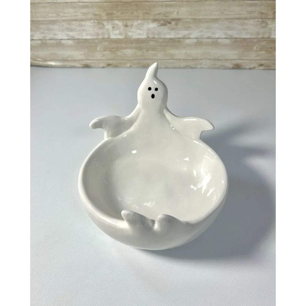 Haunted Manor White Ceramic Ghost Candy Bowl Dish Halloween Home Decor
